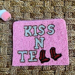 Kiss and Tell Western Zip Purse Small Zipper Pouch Gift Idea Seed Bead Pink Boot